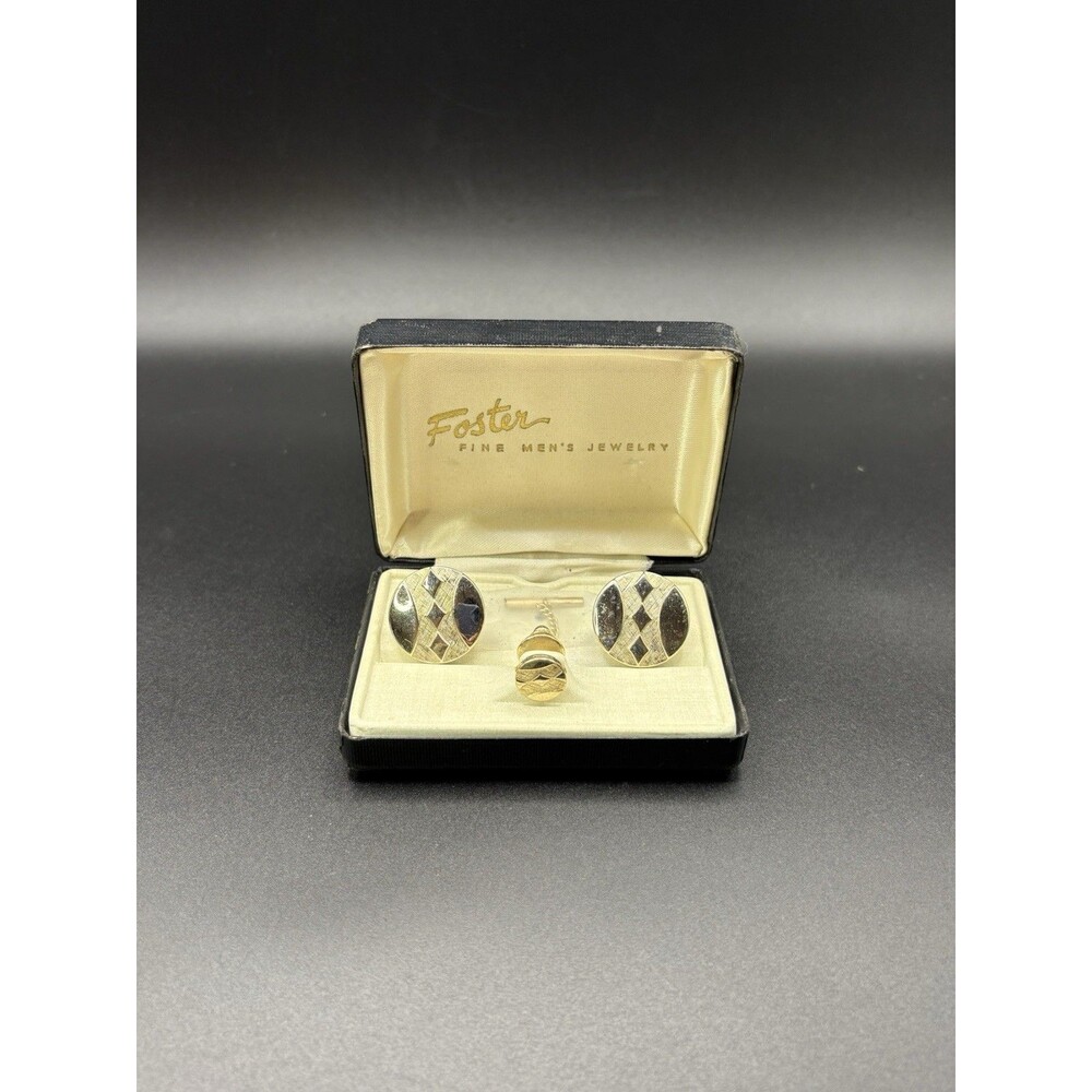 Vintage Foster Gold Tone Cufflinks Tie Clip Bar Set w/ Original Case Jewelry